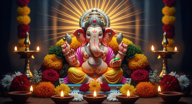 beautiful lord ganesha statue with flowers and oil lamps