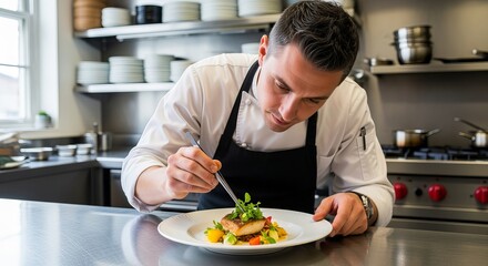 Chef plating food kitchen restaurant culinary cuisine gourmet dish professional cooking preparation fine dining