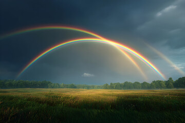 Obraz premium A Majestic Display of Dual Rainbows Arcing Gracefully Over an Expansive, Sunlit Field Capturing Nature's Beauty in a Moment of Serene Tranquility and Awe-Inspiring Wonder
