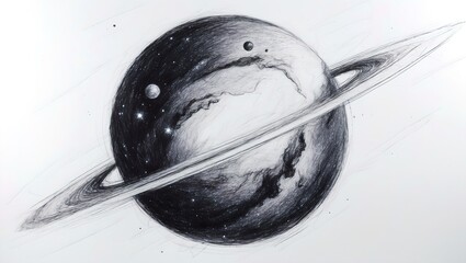 a detailed monochrome drawing of the planet Saturn, including its ring system and several moons. It is a representation of celestial beauty