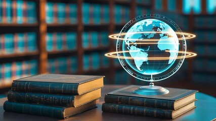 Futuristic glowing holographic globe projection above stacked antique books in library interior with shelves filled with literature - Powered by Adobe