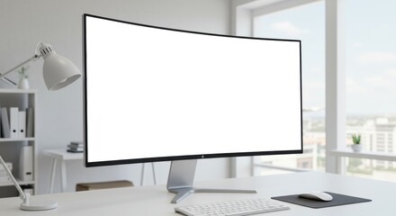 Office setup inspiration curved monitor display modern workspace digital technology bright interior professional view productivity concept