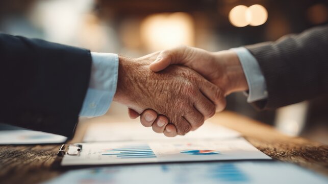 Two business professionals engage in a firm handshake, symbolizing partnership and agreement in a professional setting with blurred background.