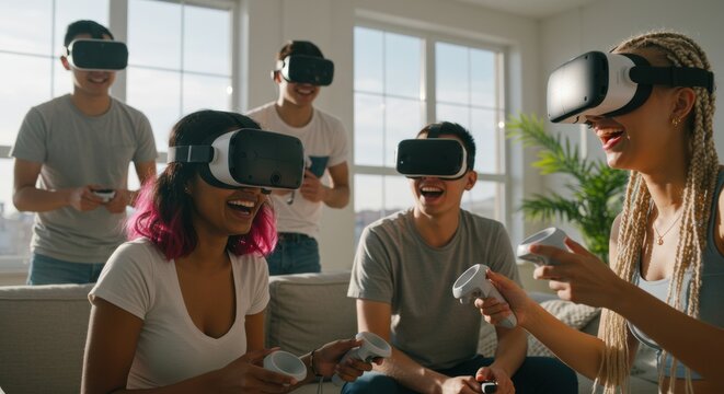 Exciting virtual reality gaming session home living room group activity bright environment engaging viewpoint - Powered by Adobe