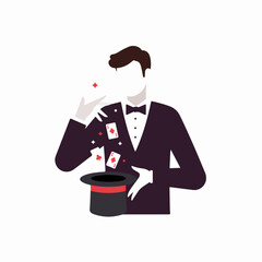 Abstract illustration of a magician performing a card trick, with playing cards floating around a top hat.