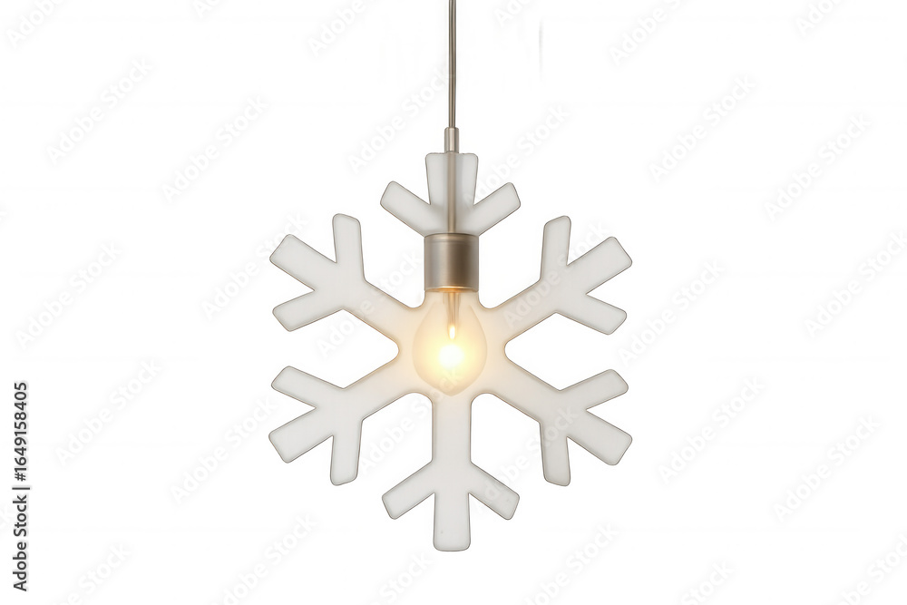 Poster lit snowflake shaped ceiling lamp hanging against a transparent background, creating a festive atmos
