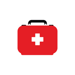 First Aid Kit Icon. Red Emergency Medical Box with White Cross. Vector illustration. 