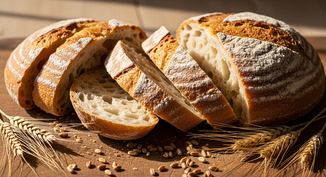 Artisan sourdough bread loaf sliced on wooden table with wheat stalks