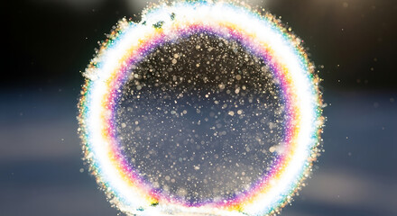 Macro view of a brilliant ice crystal halo showcasing a vibrant prismatic ring of light against a deep blue background.