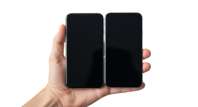 A hand holding two modern smartphones with blank black screens side-by-side on a white background.