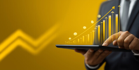 A digital display of financial data with upward arrows, graphs, and icons representing growth in the business world,