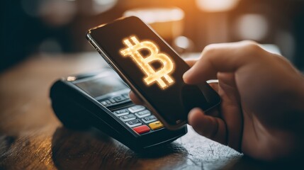 A hand holding a smartphone displaying a glowing Bitcoin symbol, poised above a payment terminal, illustrating modern cryptocurrency transactions.