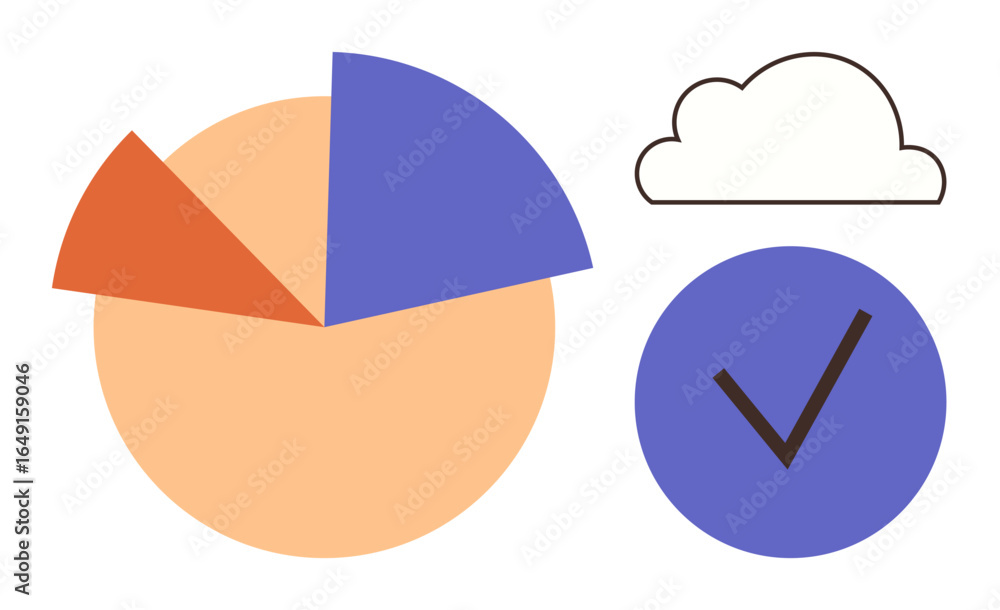 Poster pie chart with three segments, an outlined cloud, and a checkmark in a circle. ideal for data visual
