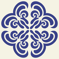 Mediterranean ceramic blue seamless tile pattern, tamplate of square stamp, carving template, rotational symmetry, arabic style, isolated on white background