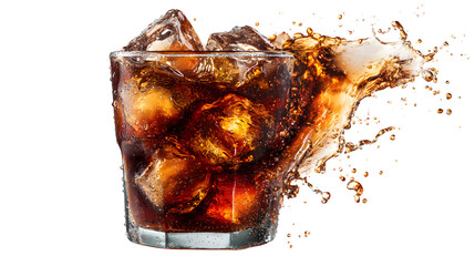Glass of cola with ice splashing isolated on white