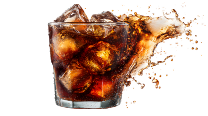 Glass of cola with ice splashing isolated on white