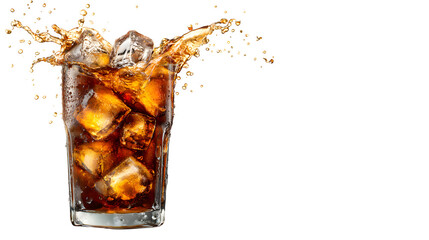 Glass of cola with ice splashing isolated on white