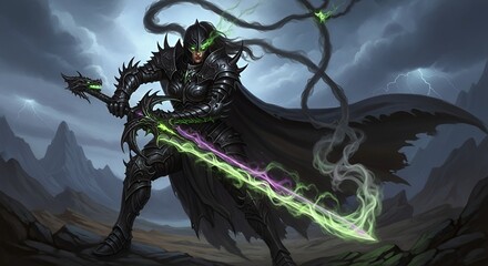 A dark armored warrior with a glowing sword stands against a stormy sky with mountains behind her