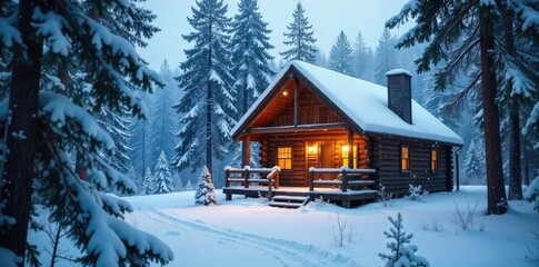 A cozy, rustic cabin nestled deep within a snowy, evergreen forest offers refuge from the winter storm Perfect for a peaceful, secluded getaway , tranquility, snowy, frost