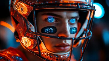 Glowing-eyed athlete wearing futuristic helmet - Powered by Adobe