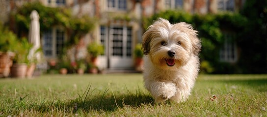 Happy dog running in a lush garden,  a charming house in the background