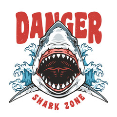 Warning sign featuring a shark and waves design