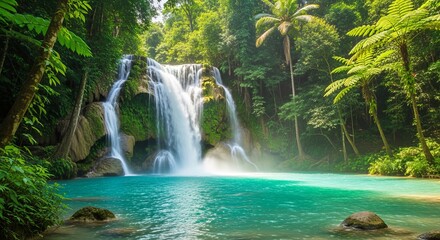 Waterfall landscape nature forest river stream cascade jungle paradise scenery turquoise trees lush