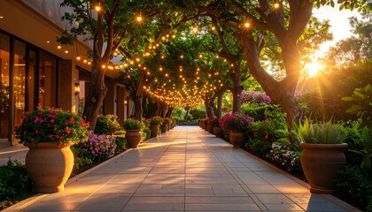 Obraz premium Pathway Lined with Flowers and Lights at Sunset, Creating a Romantic Ambiance