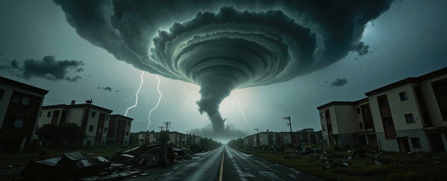 A dramatic tornado looms over a cityscape, its swirling funnel cloud casting an ominous shadow on the buildings below as lightning strikes in the background