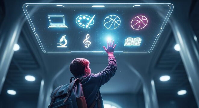 A student boy in a classroom interacts with a futuristic interface showing education icons. Virtual learning and modern school concept.
