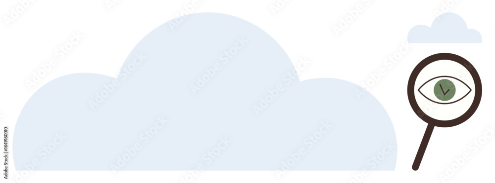 Poster magnifying glass with an eye and checkmark examining a cloud, representing data security, cloud comp