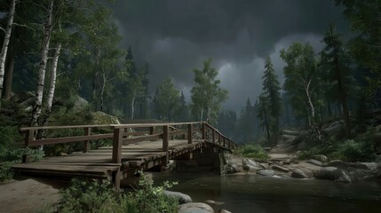 Fototapeta premium Wooden bridge over a stream in a dense forest.