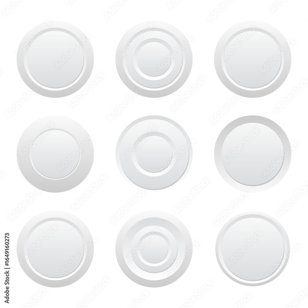 Aufkleber collection of round white buttons with varying designs in a neat grid arrangement.