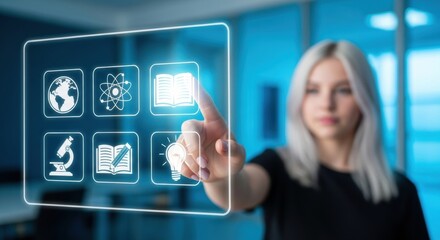 Woman touching virtual screen, selecting education icons. Concept of modern learning, online course, and digital knowledge access.