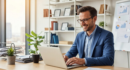 Fototapeta premium Business Meeting, Professional Man, Office Space, Photo, Modern Environment, Side View, Positive Vibes