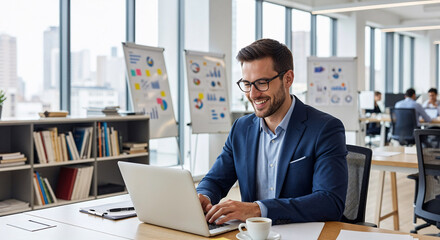 Fototapeta premium Business Meeting, Professional Man, Modern Office, Photo, Bright Environment, Close-up View, Smiling Attitude