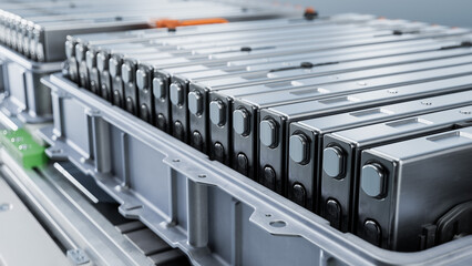 Close-up of High-voltage Battery Assembly for Electric Vehicle or Hybrid Car. EV Battery Module for...