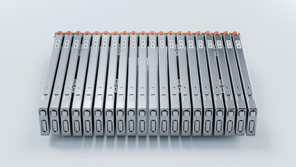 High-voltage Rectangular Battery Modules for Electric Vehicle or Hybrid Car Isolated on Light...