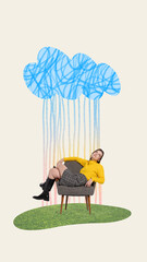 Graphic composition. Woman in yellow sweater sitting under stylized blue cloud with colorful rain...
