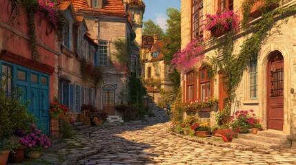 Fototapeta premium Quaint European alleyway filled with flowers