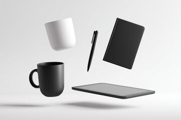 A set of floating desk objects — pen, notebook, coffee mug, and tablet — arranged in mid-air as if in zero gravity