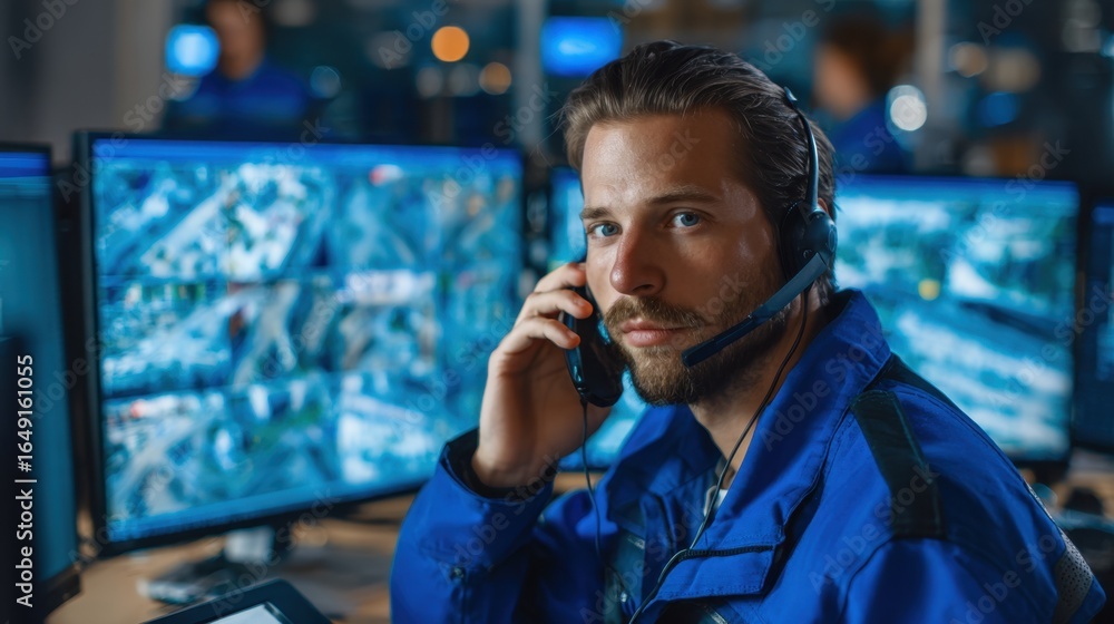 Poster focused male cybersecurity analyst wearing headphones and a blue shirt working at multiple computer 