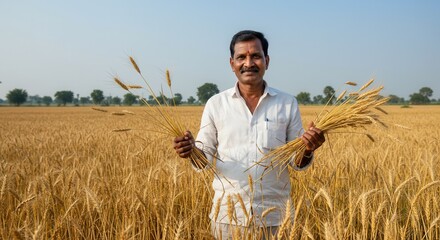 Happy Indian Farmer Standing in Golden Wheat Field Holding Fresh Crop – Harvest Season in Rural India 