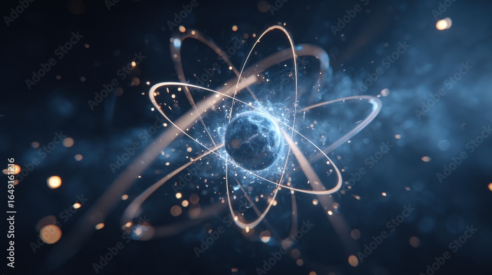 Poster an intricate and luminous depiction of an atom's structure, showcasing orbiting particles and the nu