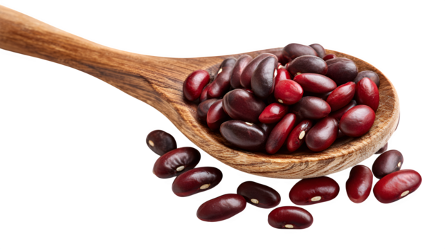 Wooden spoon with red beans (azuki) isolated on white