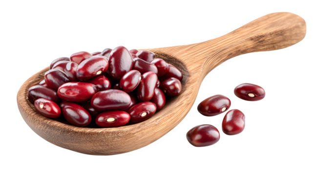 Wooden spoon with red beans (azuki) isolated on white