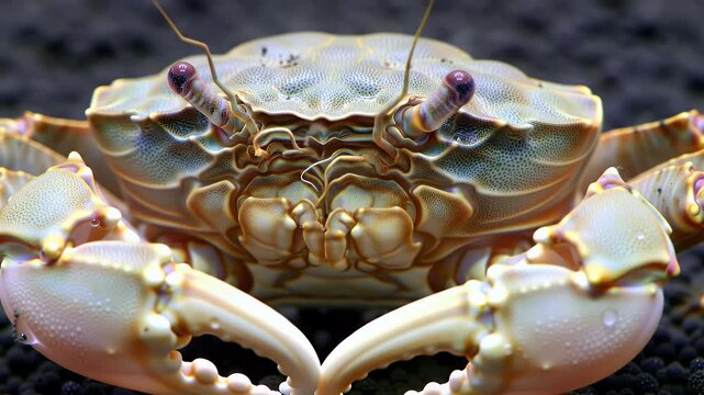 Detailed Close-Up of a Light-Colored Freshwater Crab with Prominent Eyes and Powerful Claws on a Dark Substrate