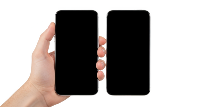 A human hand holds two modern smartphones with blank black screens against a clean white background, suggesting technology and communication.