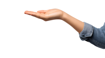 Young female hand in flat position holding invisible item isolated on white