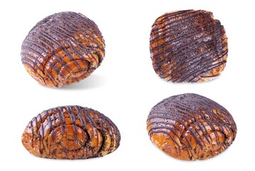 Poppy seeds filling buns with chocolate topping on a white isolated background